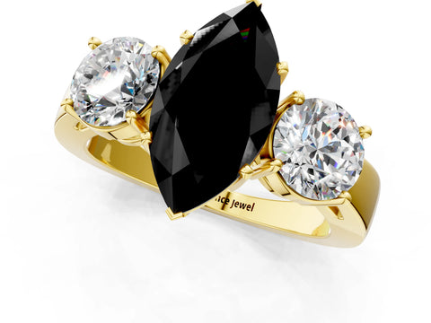 Yellow gold Three-Stone Fancy Black Marquise Cut Diamond Ring with Round Side Stones, Classic Band, and Four-Prong Setting_1