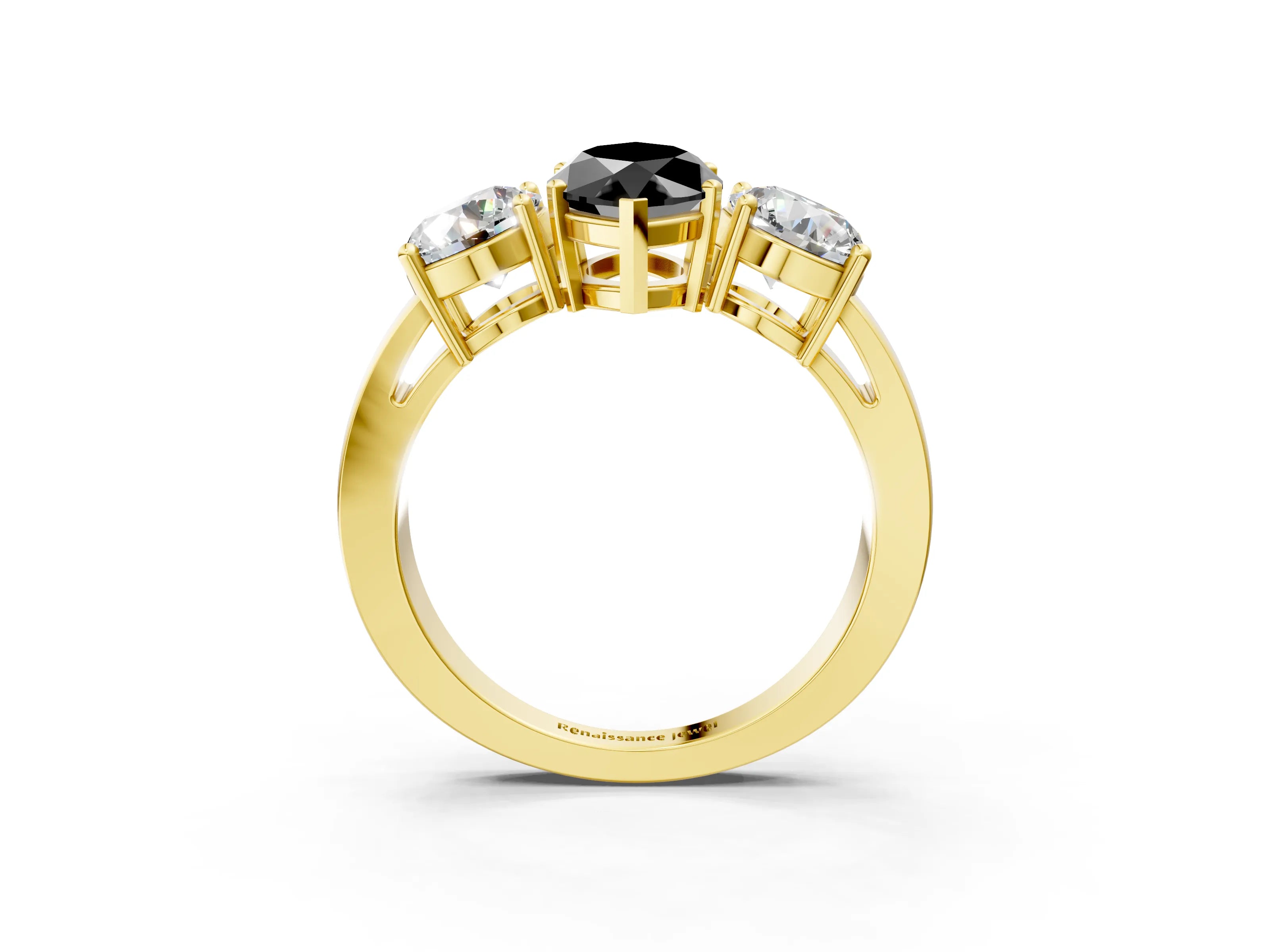 Yellow gold Three-Stone Fancy Black Marquise Cut Diamond Ring with Round Side Stones, Classic Band, and Four-Prong Setting_3