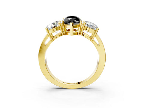 Yellow gold Three-Stone Fancy Black Marquise Cut Diamond Ring with Round Side Stones, Classic Band, and Four-Prong Setting_3