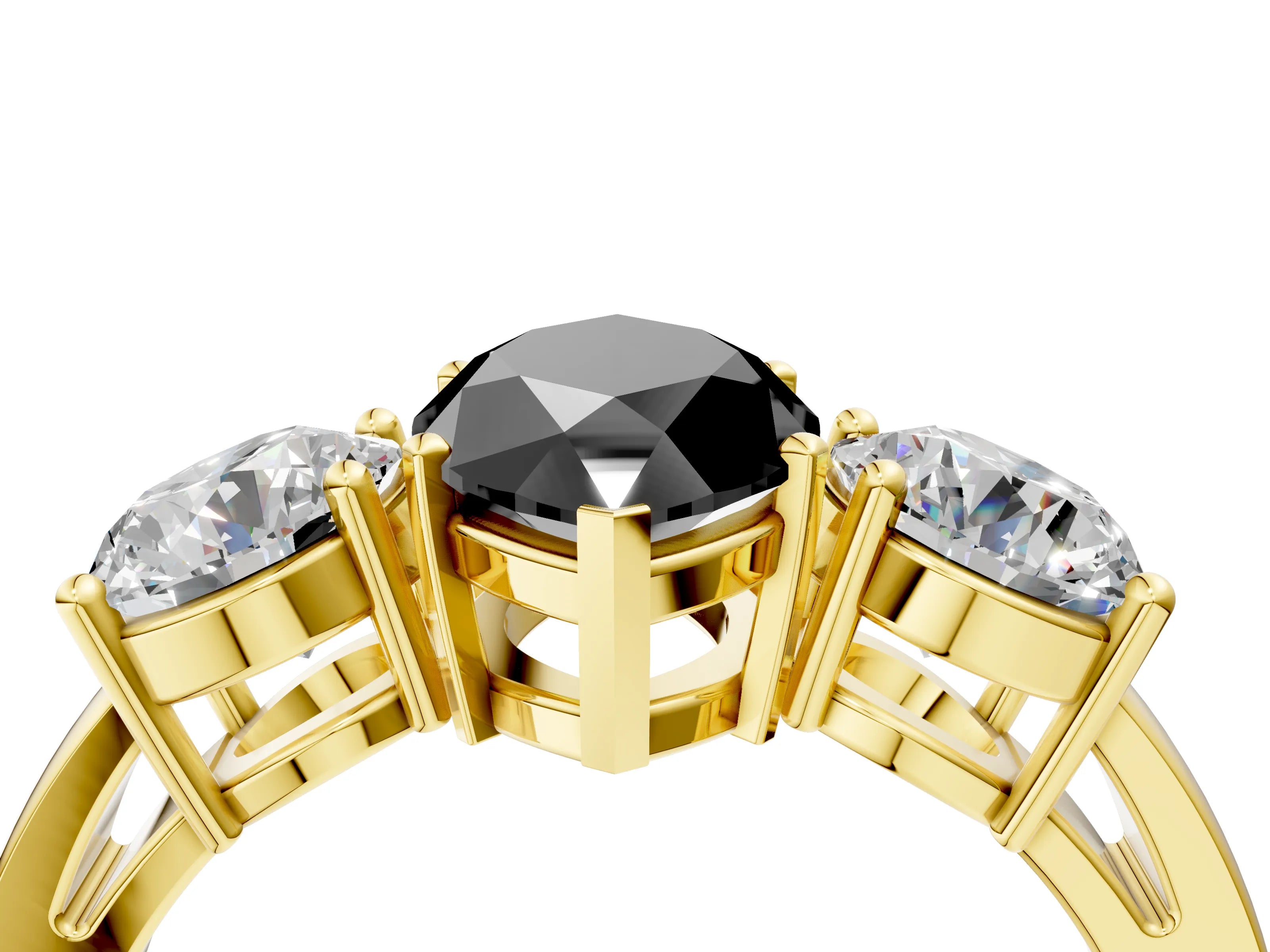 Yellow gold Three-Stone Fancy Black Marquise Cut Diamond Ring with Round Side Stones, Classic Band, and Four-Prong Setting_4