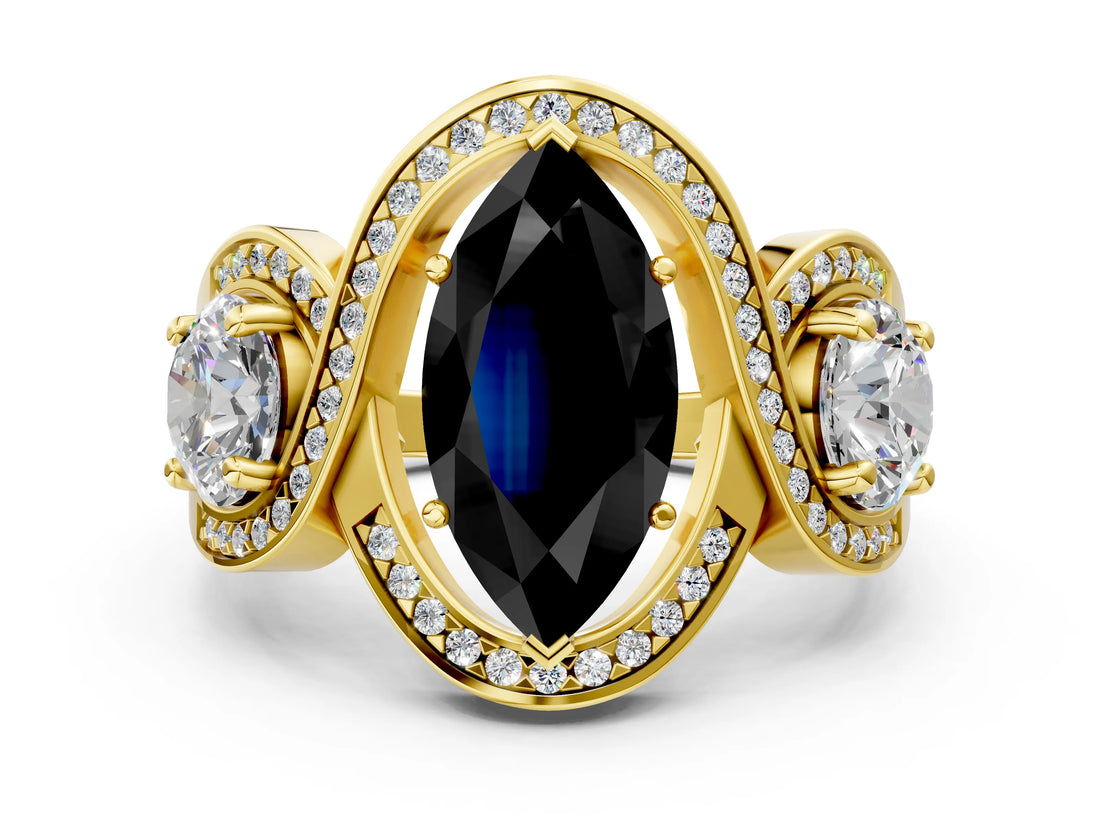Yellow gold Three-Stone Fancy Black Marquise Cut Diamond Wave Pave Band with Prong Setting