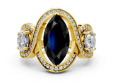 Yellow gold Three-Stone Fancy Black Marquise Cut Diamond Wave Pave Band with Prong Setting