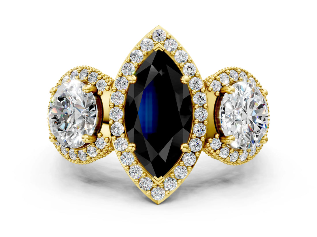 Yellow gold Three-Stone Fancy Black Marquise Cut Halo Diamond Milgrain Band with Four-Prong Setting