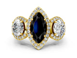 Yellow gold Three-Stone Fancy Black Marquise Cut Halo Diamond Milgrain Band with Four-Prong Setting