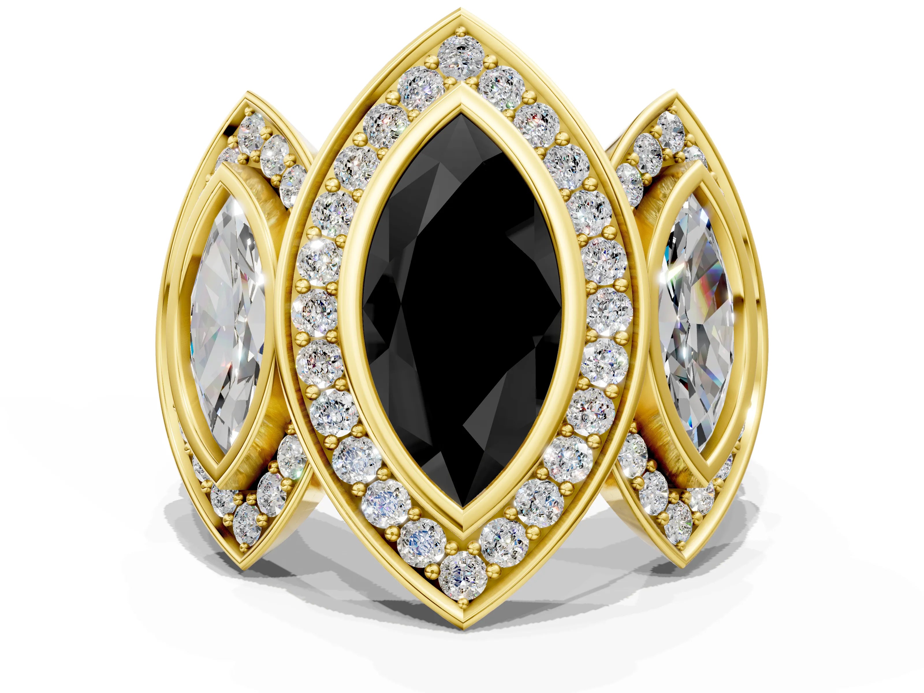 Yellow gold Three-Stone Fancy Black Marquise Cut Halo Pavé Diamond Ring