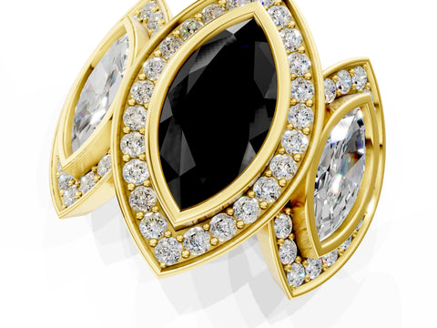 Yellow gold Three-Stone Fancy Black Marquise Cut Halo Pavé Diamond Ring_1