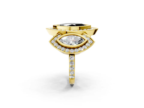 Yellow gold Three-Stone Fancy Black Marquise Cut Halo Pavé Diamond Ring_2