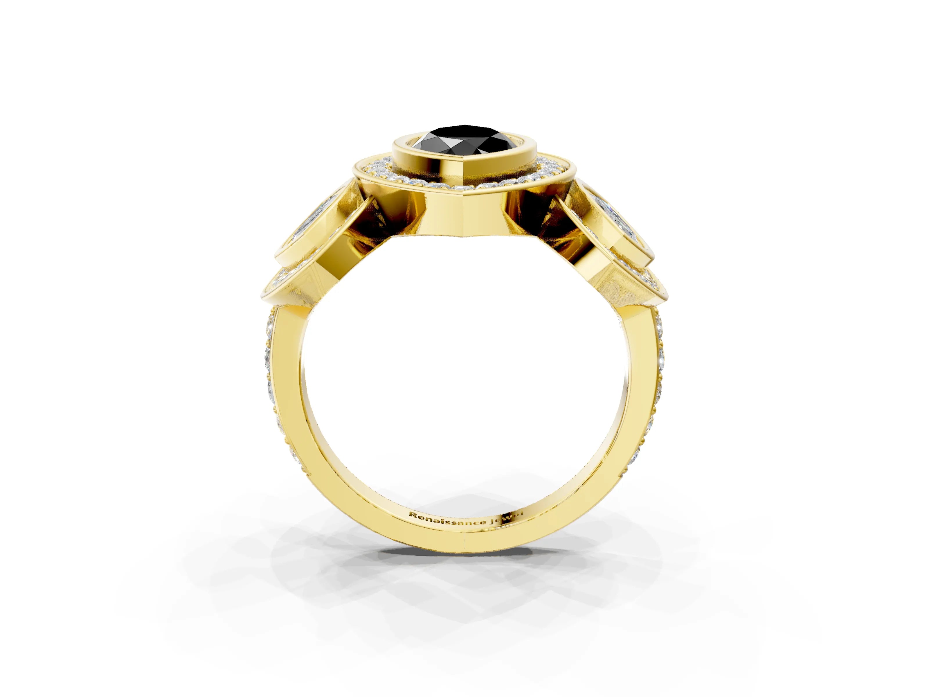Yellow gold Three-Stone Fancy Black Marquise Cut Halo Pavé Diamond Ring_3