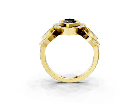 Yellow gold Three-Stone Fancy Black Marquise Cut Halo Pavé Diamond Ring_3