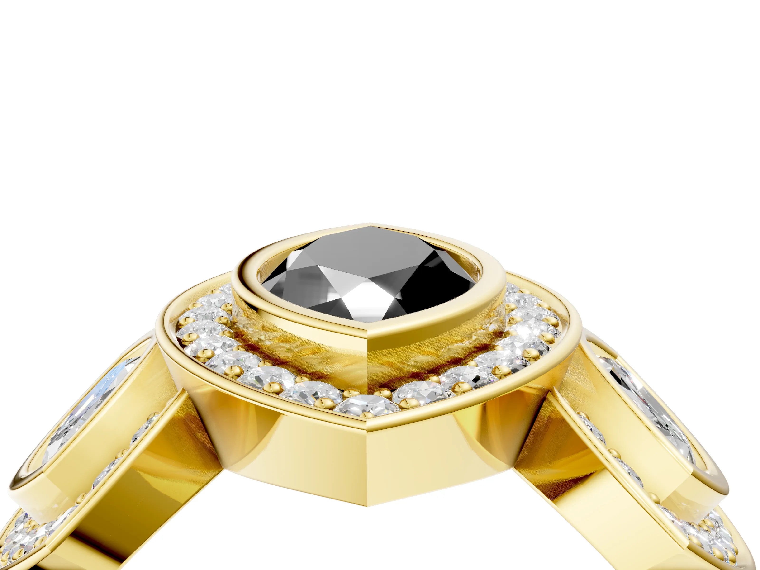 Yellow gold Three-Stone Fancy Black Marquise Cut Halo Pavé Diamond Ring_4