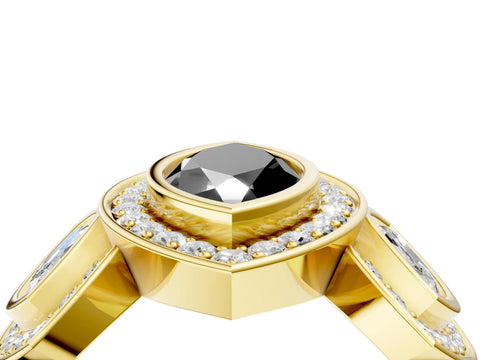 Yellow gold Three-Stone Fancy Black Marquise Cut Halo Pavé Diamond Ring_4