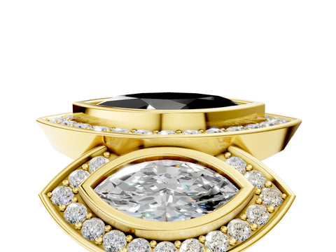 Yellow gold Three-Stone Fancy Black Marquise Cut Halo Pavé Diamond Ring_5