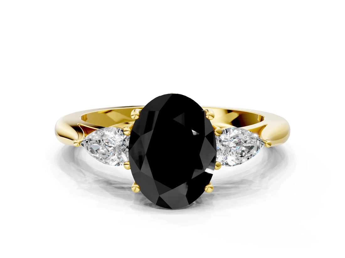 Yellow gold Three-Stone Fancy Black Oval Cut Brilliant Diamond Solitaire Ring with Tapered Band and Four-Prong Setting_6