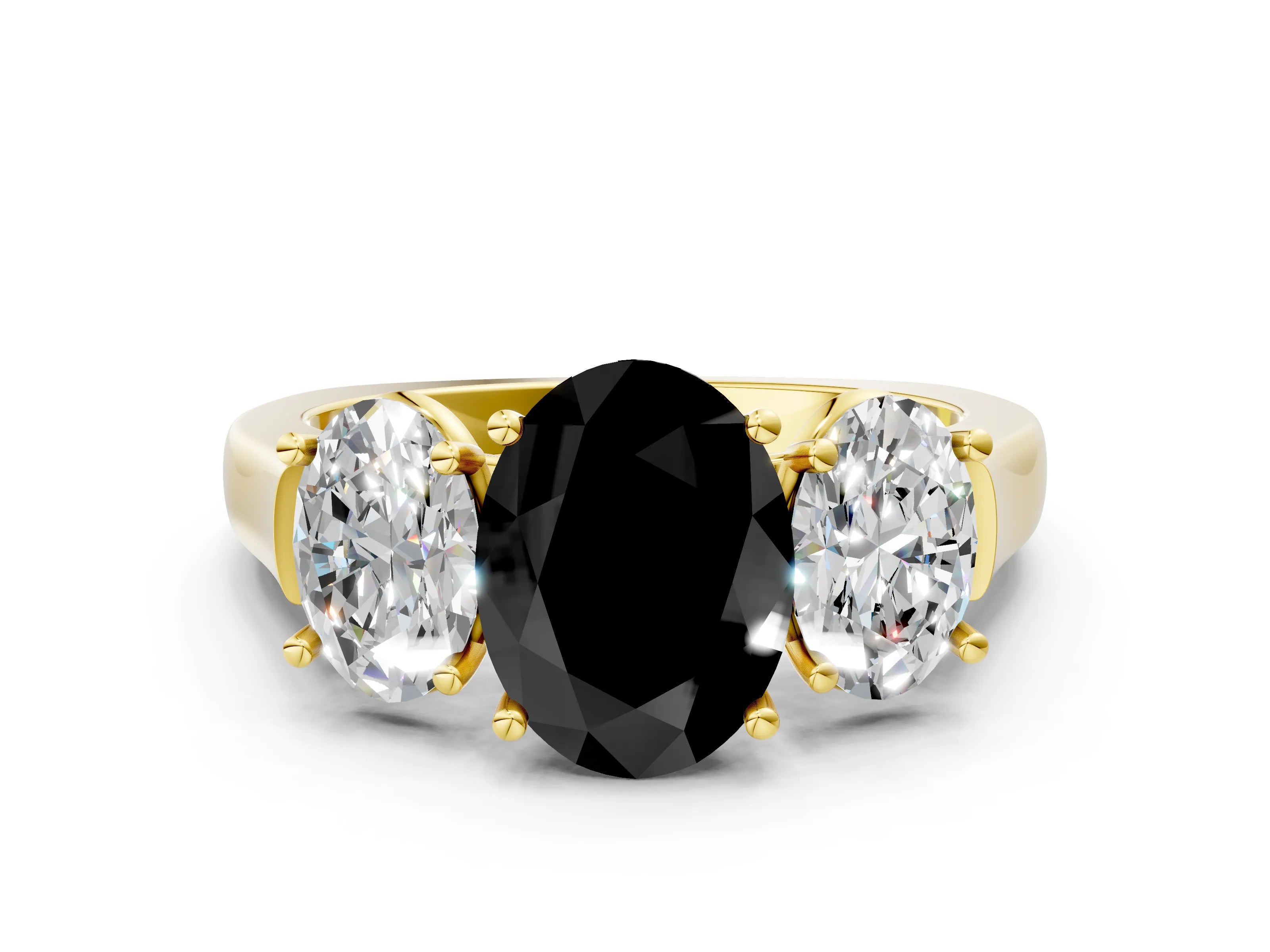 Yellow gold Three-Stone Fancy Black Oval Cut Brilliant Diamond Trellis Ring with Comfort Fit Band