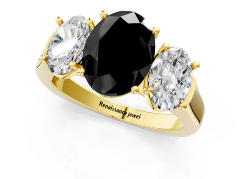 Yellow gold Three-Stone Fancy Black Oval Cut Brilliant Diamond Trellis Ring with Comfort Fit Band_1