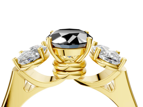 Yellow gold Three-Stone Fancy Black Oval Cut Brilliant Diamond Trellis Ring with Comfort Fit Band_4