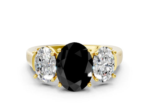 Yellow gold Three-Stone Fancy Black Oval Cut Brilliant Diamond Trellis Ring with Comfort Fit Band