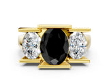 Yellow gold Three Stone Fancy Black Oval Cut Cut Channel Set Diamond Ring
