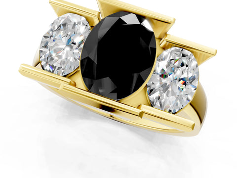 Yellow gold Three Stone Fancy Black Oval Cut Cut Channel Set Diamond Ring_1
