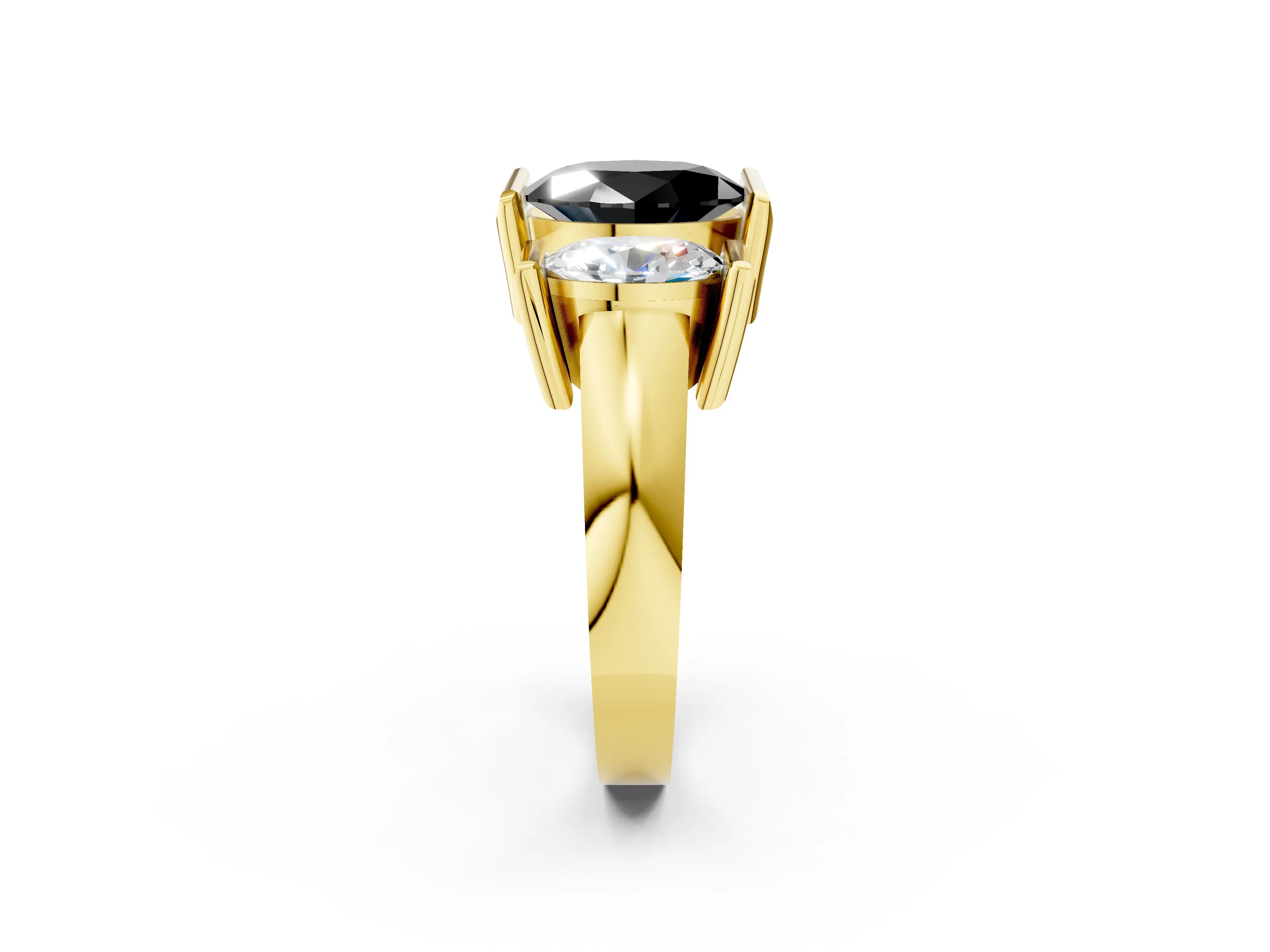 Yellow gold Three Stone Fancy Black Oval Cut Cut Channel Set Diamond Ring_2