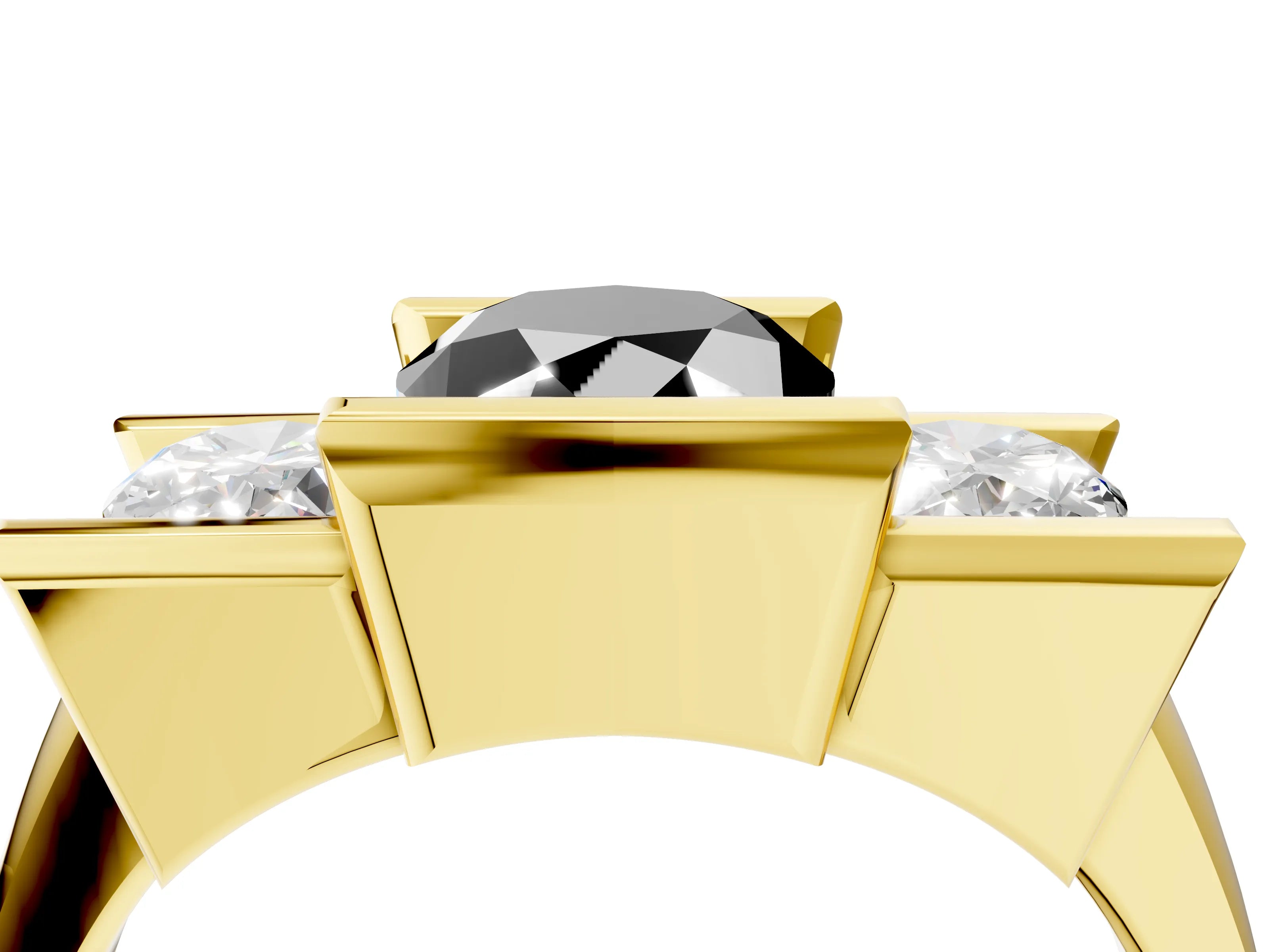 Yellow gold Three Stone Fancy Black Oval Cut Cut Channel Set Diamond Ring_4