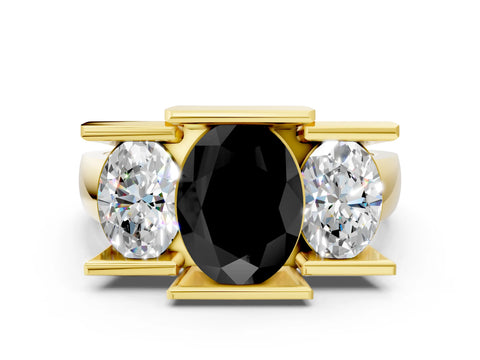 Yellow gold Three Stone Fancy Black Oval Cut Cut Channel Set Diamond Ring
