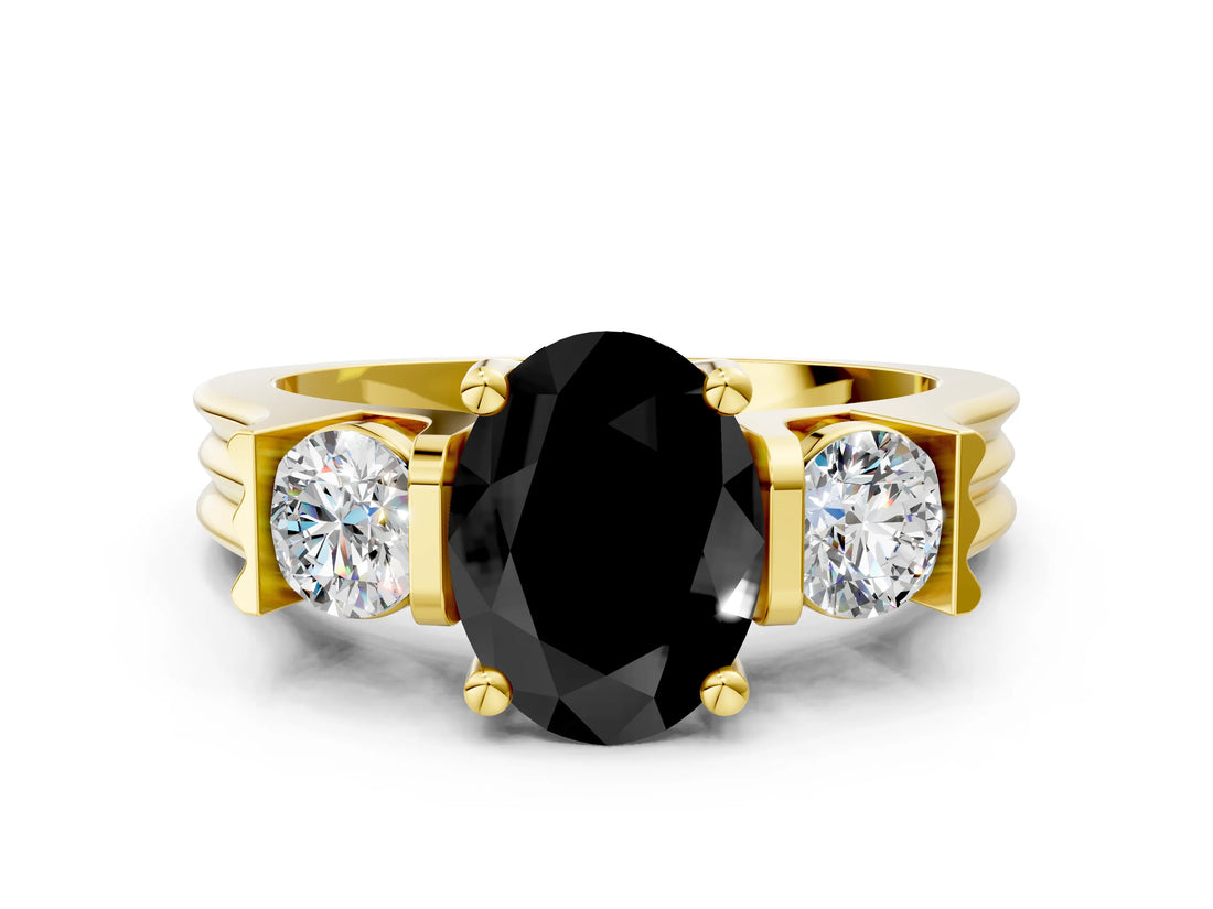 Yellow gold Three-Stone Fancy Black Oval Cut Cut Classic Band Prong Setting Ring