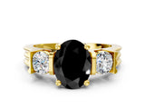 Yellow gold Three-Stone Fancy Black Oval Cut Cut Classic Band Prong Setting Ring