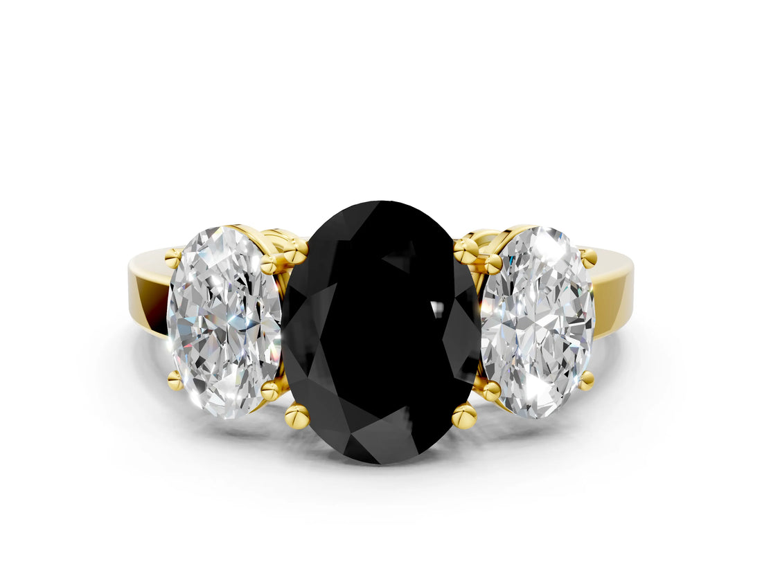 Yellow gold Three-Stone Fancy Black Oval Cut Cut Diamond Engagement Ring with Flat Band and Four-Prong Setting