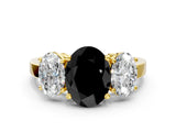 Yellow gold Three-Stone Fancy Black Oval Cut Cut Diamond Engagement Ring with Flat Band and Four-Prong Setting