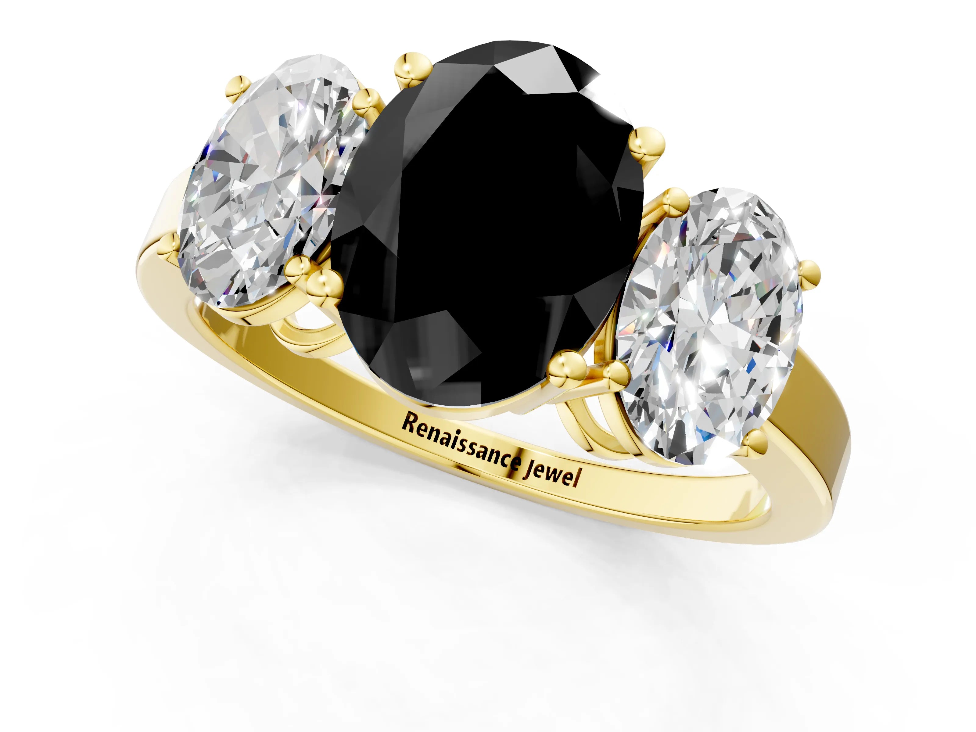 Yellow gold Three-Stone Fancy Black Oval Cut Cut Diamond Engagement Ring with Flat Band and Four-Prong Setting_1