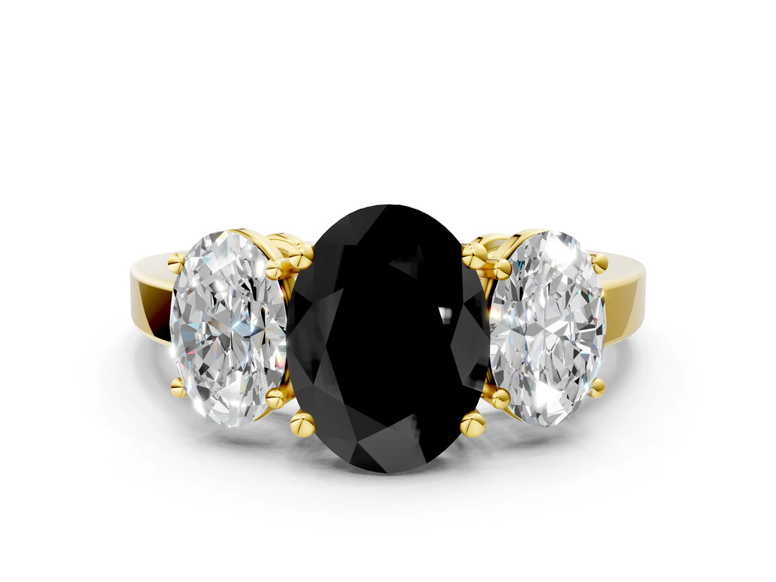 Yellow gold Three-Stone Fancy Black Oval Cut Cut Diamond Engagement Ring with Flat Band and Four-Prong Setting_12