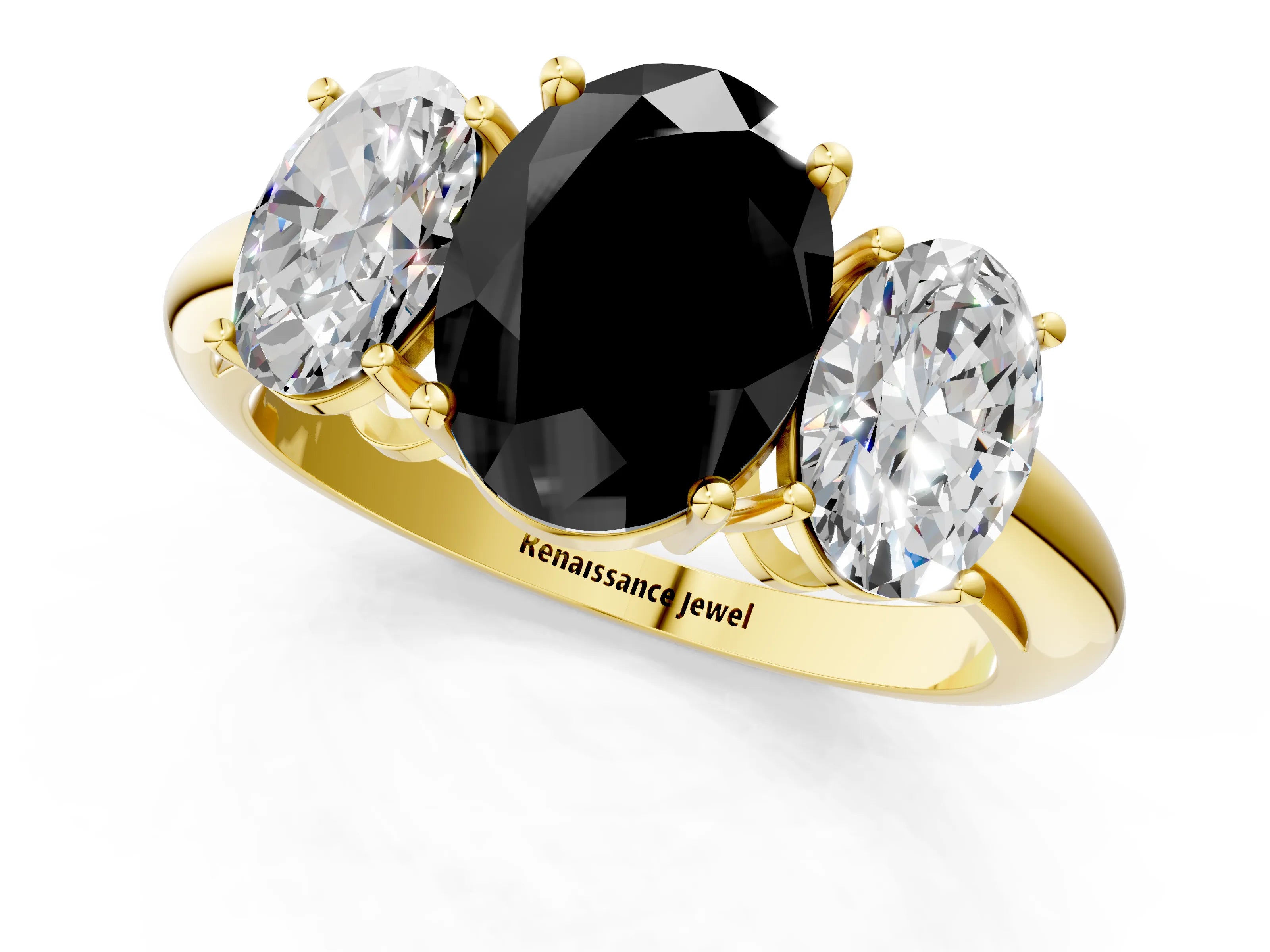 Yellow gold Three-Stone Fancy Black Oval Cut Cut Diamond Engagement Ring with Prong Setting on a White Gold Band_1