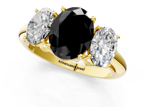 Yellow gold Three-Stone Fancy Black Oval Cut Cut Diamond Engagement Ring with Prong Setting on a White Gold Band_1