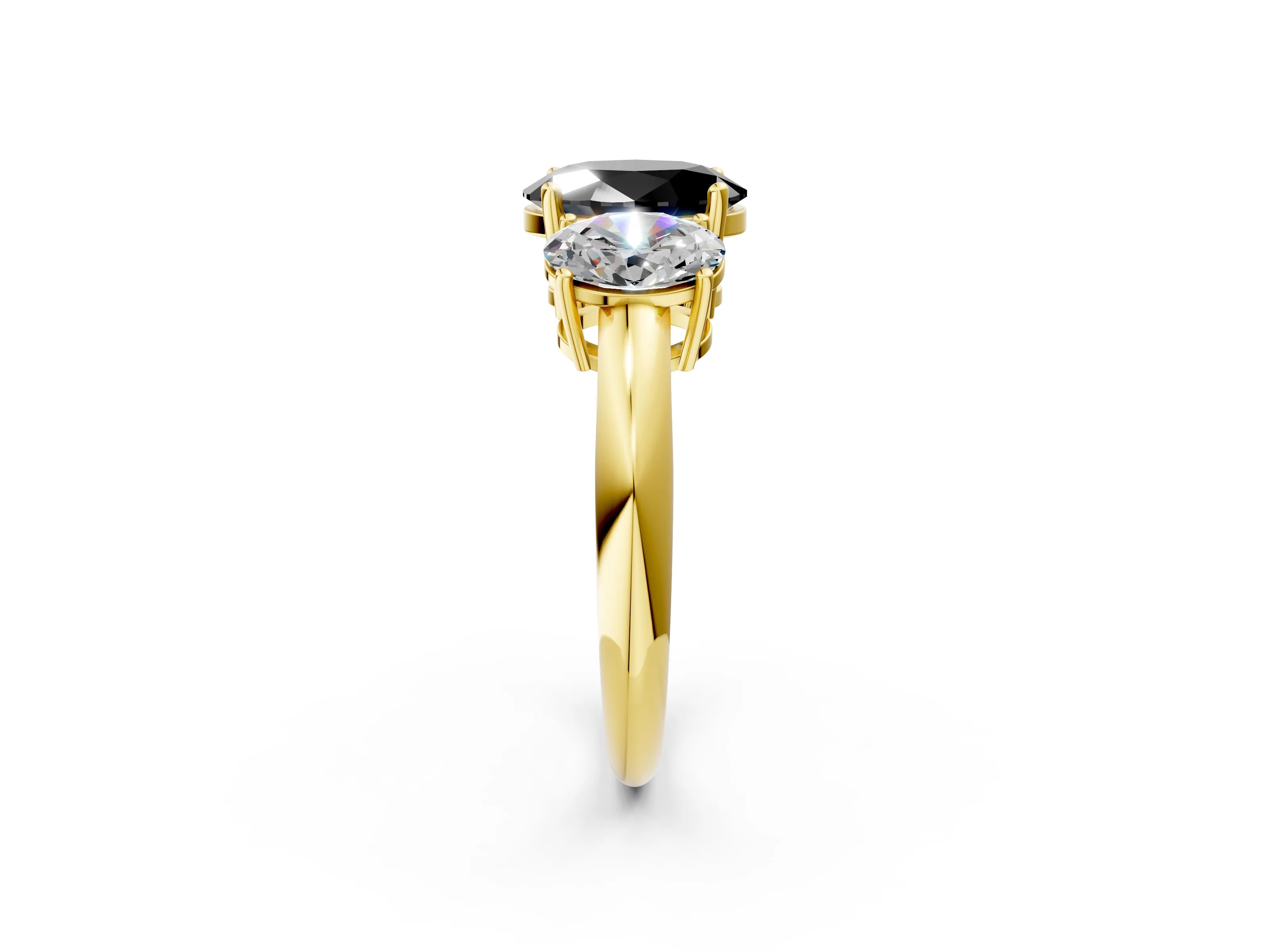 Yellow gold Three-Stone Fancy Black Oval Cut Cut Diamond Engagement Ring with Prong Setting on a White Gold Band_2
