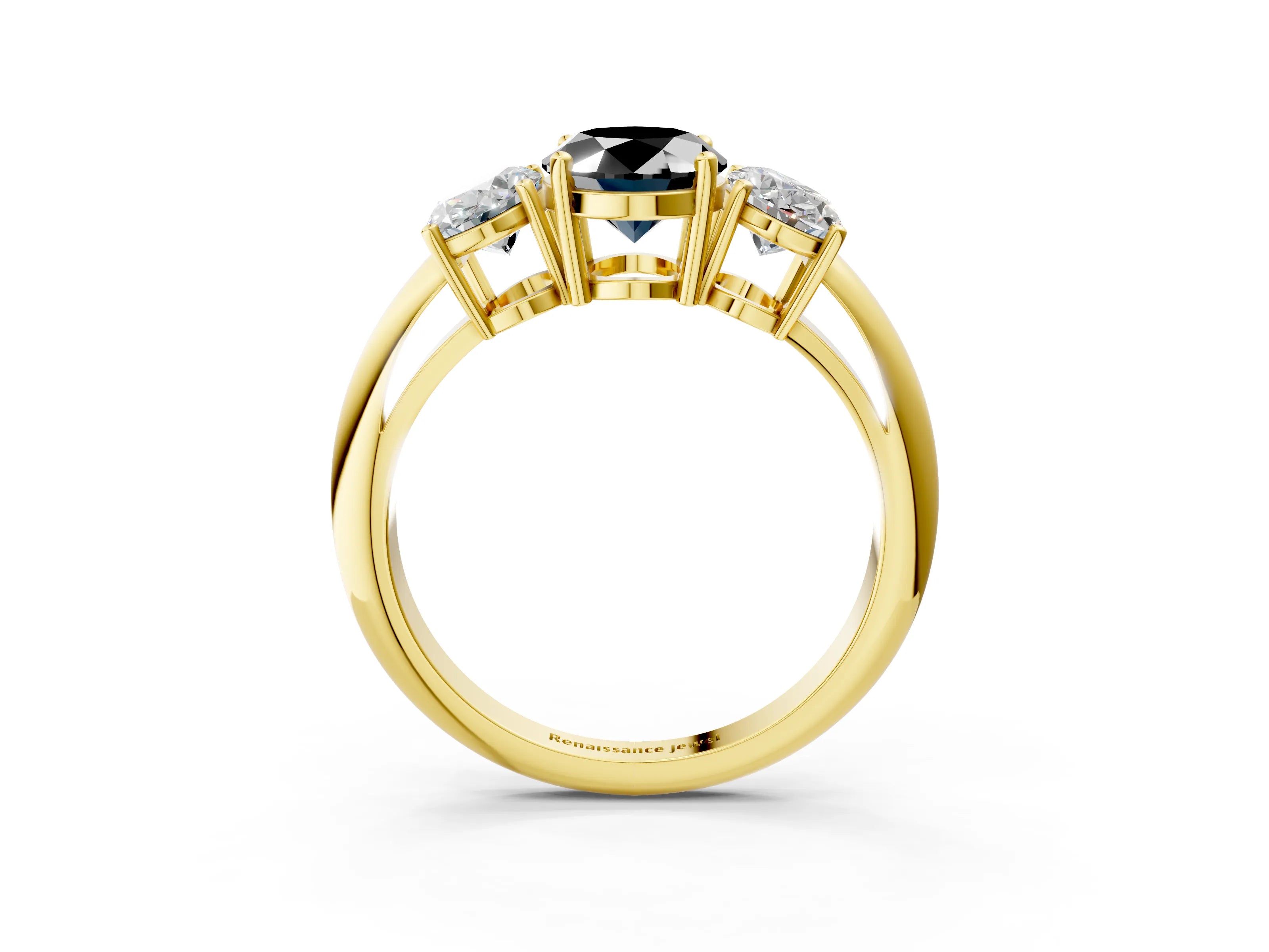Yellow gold Three-Stone Fancy Black Oval Cut Cut Diamond Engagement Ring with Prong Setting on a White Gold Band_3