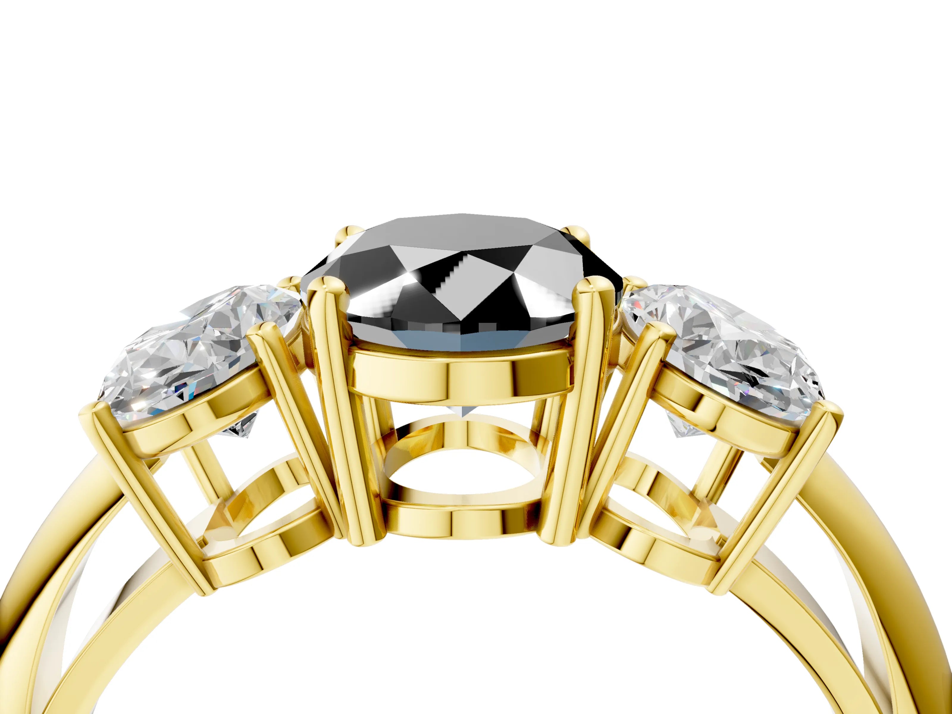 Yellow gold Three-Stone Fancy Black Oval Cut Cut Diamond Engagement Ring with Prong Setting on a White Gold Band_4