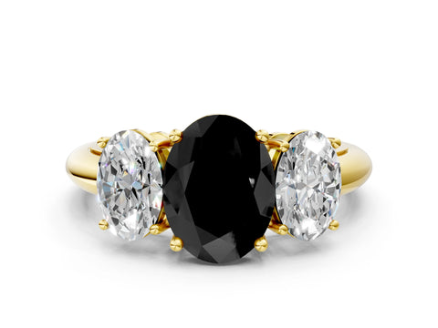 Yellow gold Three-Stone Fancy Black Oval Cut Cut Diamond Engagement Ring with Prong Setting on a White Gold Band