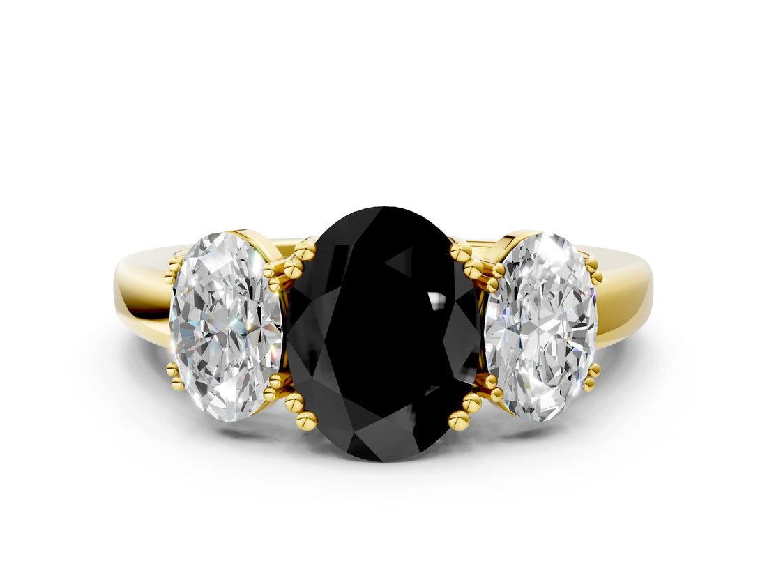Yellow gold Three-Stone Fancy Black Oval Cut Cut Diamond Ring with Channel Set Band and Four-Prong Setting_25