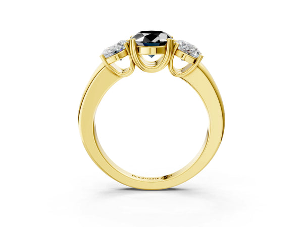 Yellow Gold Oval Three Stone Engagement Ring Setting for Black Center with Double Claw Head and Plain Band