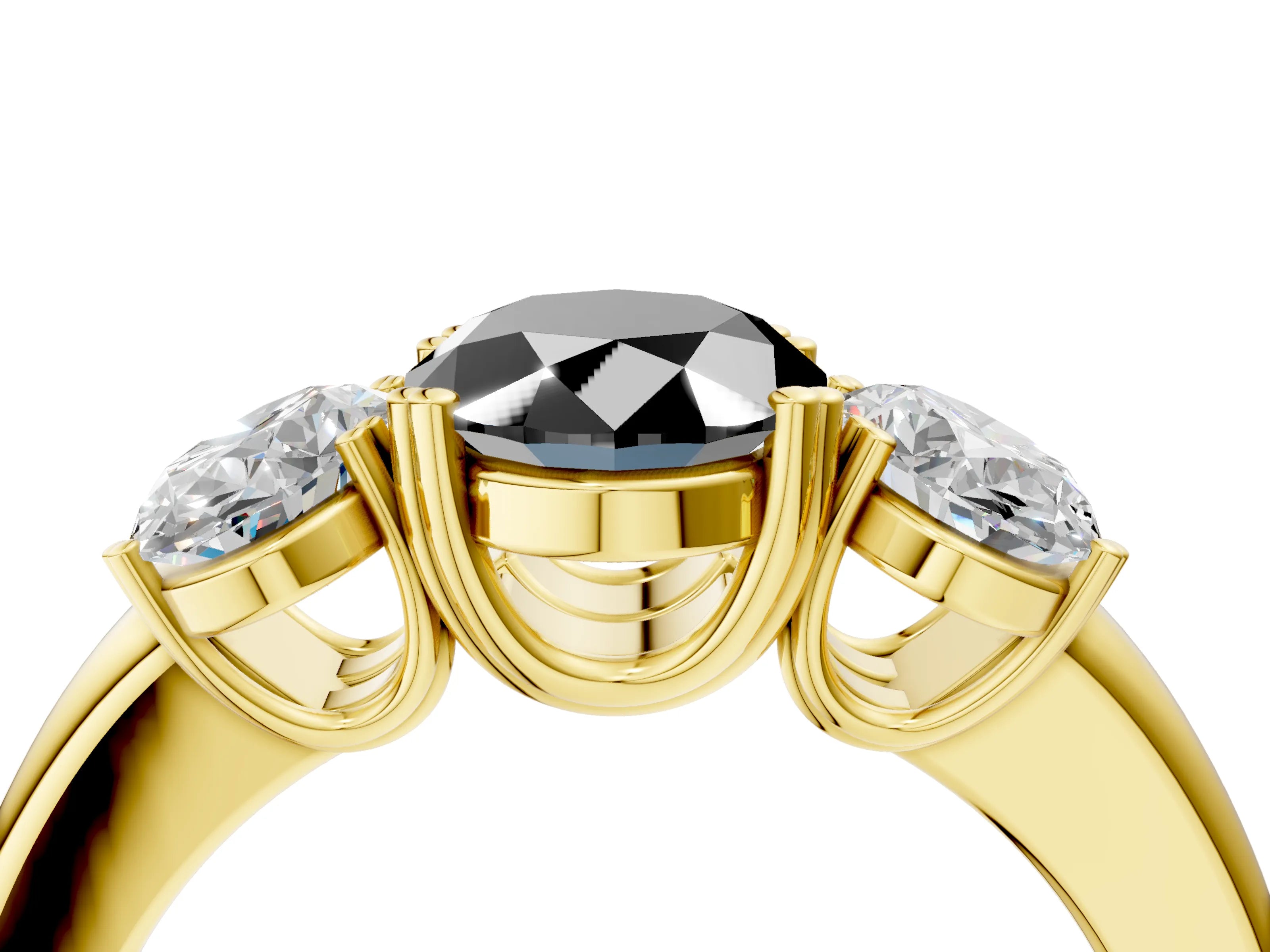 Yellow gold Three-Stone Fancy Black Oval Cut Cut Diamond Ring with Channel Set Band and Four-Prong Setting_4