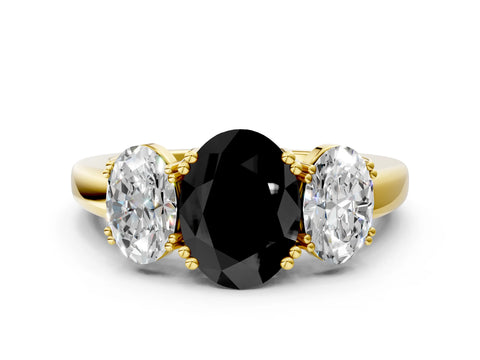 Yellow gold Three-Stone Fancy Black Oval Cut Cut Diamond Ring with Channel Set Band and Four-Prong Setting
