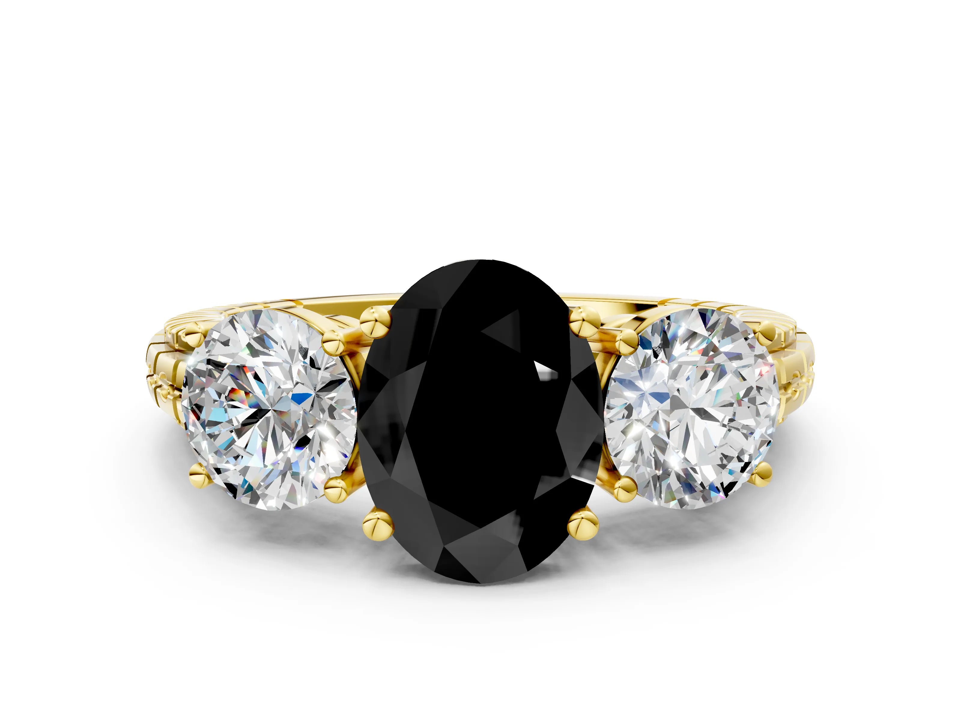 Yellow gold Three-Stone Fancy Black Oval Cut Cut Diamond Ring with Channel-Set Band and Prong Setting