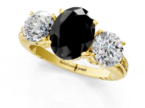 Yellow gold Three-Stone Fancy Black Oval Cut Cut Diamond Ring with Channel-Set Band and Prong Setting_1