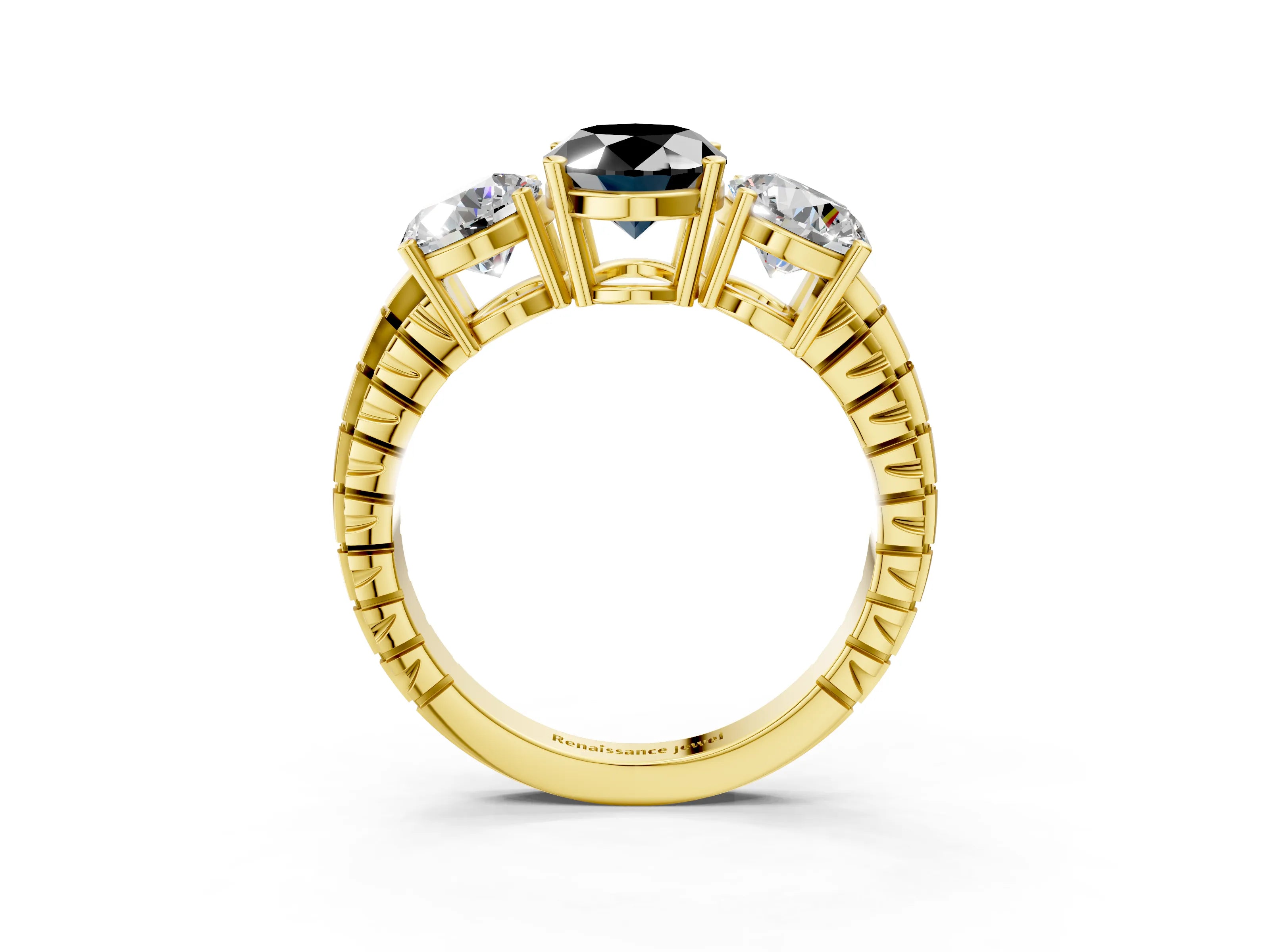 Yellow gold Three-Stone Fancy Black Oval Cut Cut Diamond Ring with Channel-Set Band and Prong Setting_3