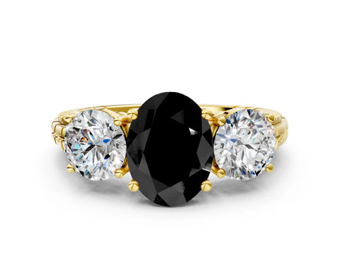 Yellow gold Three-Stone Fancy Black Oval Cut Cut Diamond Ring with Channel-Set Band and Prong Setting
