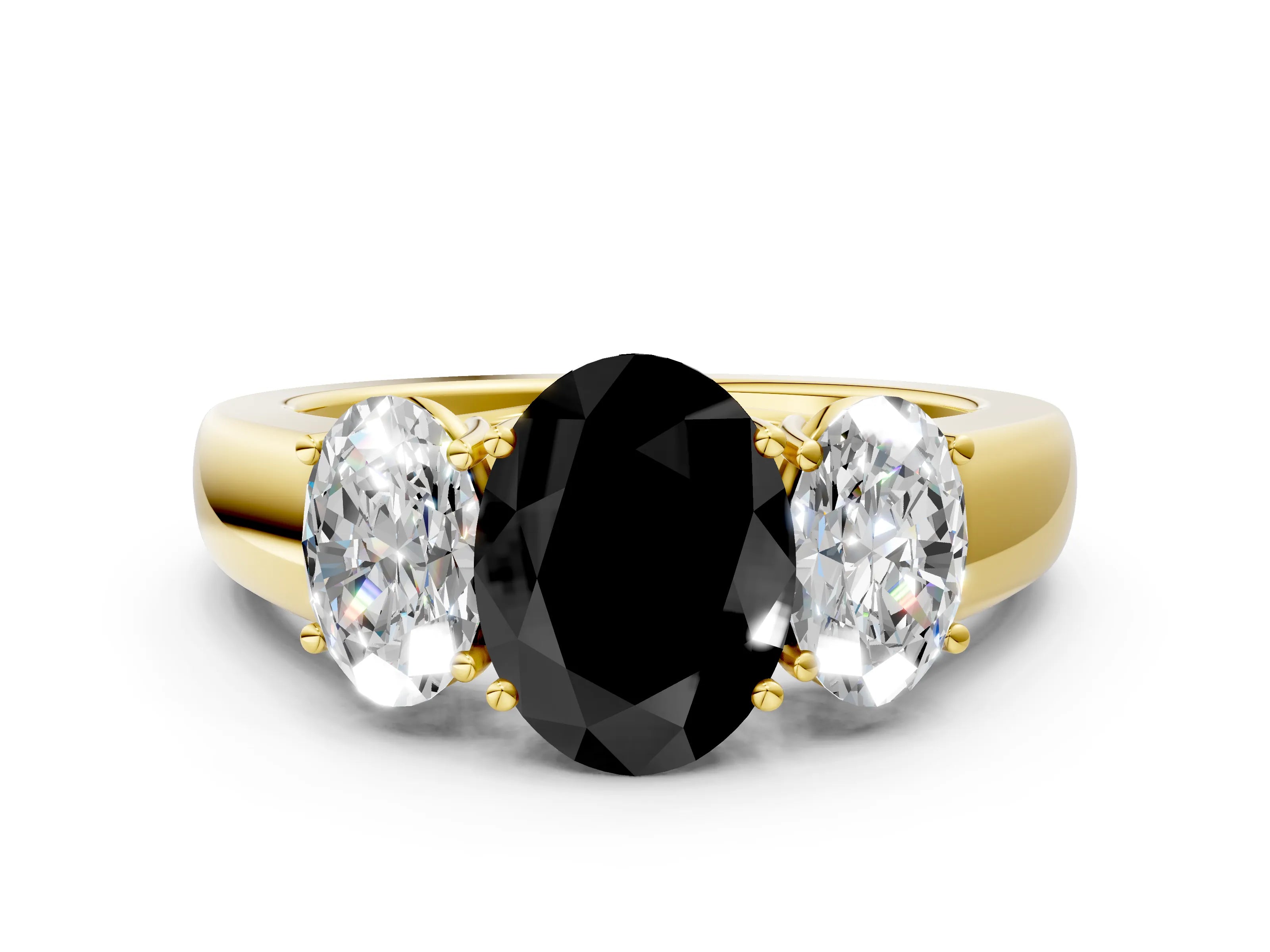 Yellow gold Three-Stone Fancy Black Oval Cut Cut Diamond Ring with Prong Setting and Classic Band