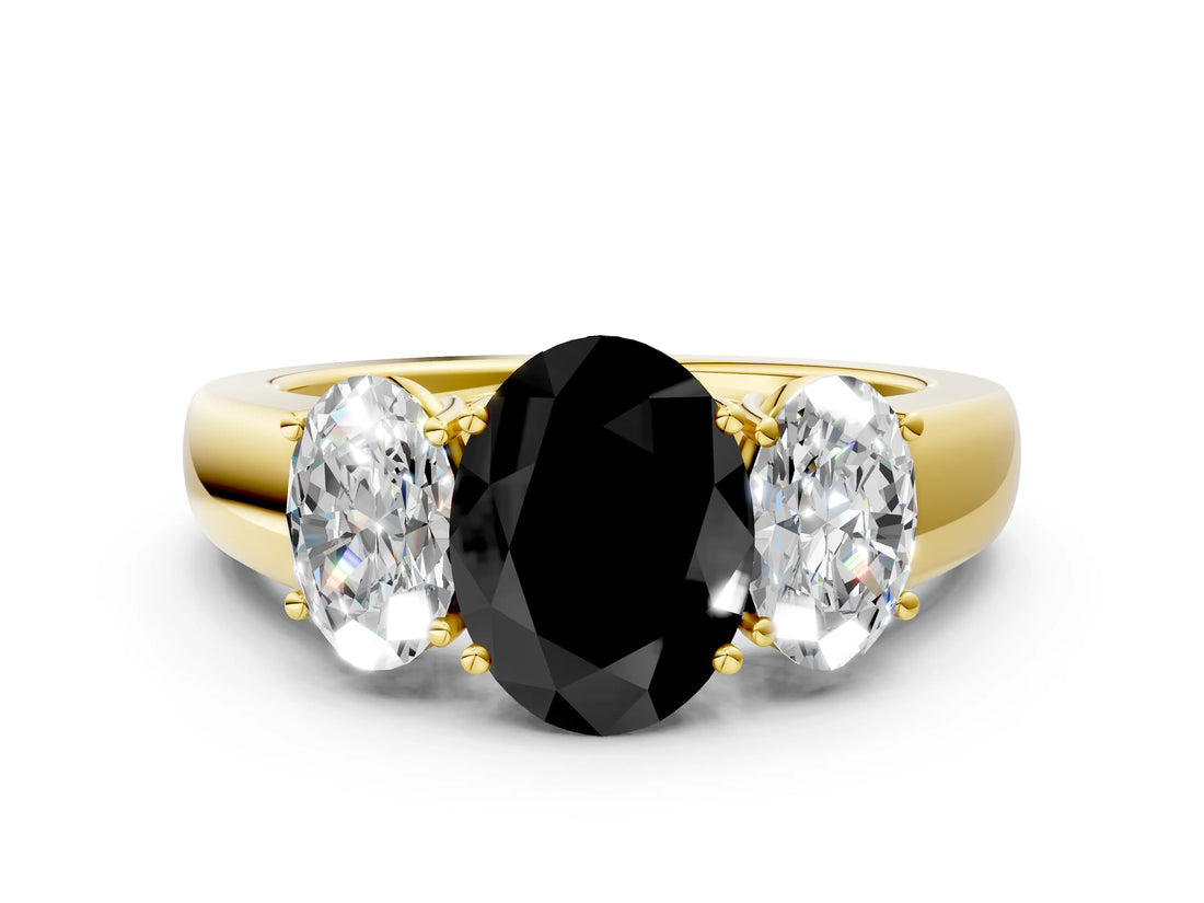 Yellow gold Three-Stone Fancy Black Oval Cut Cut Diamond Ring with Prong Setting and Classic Band