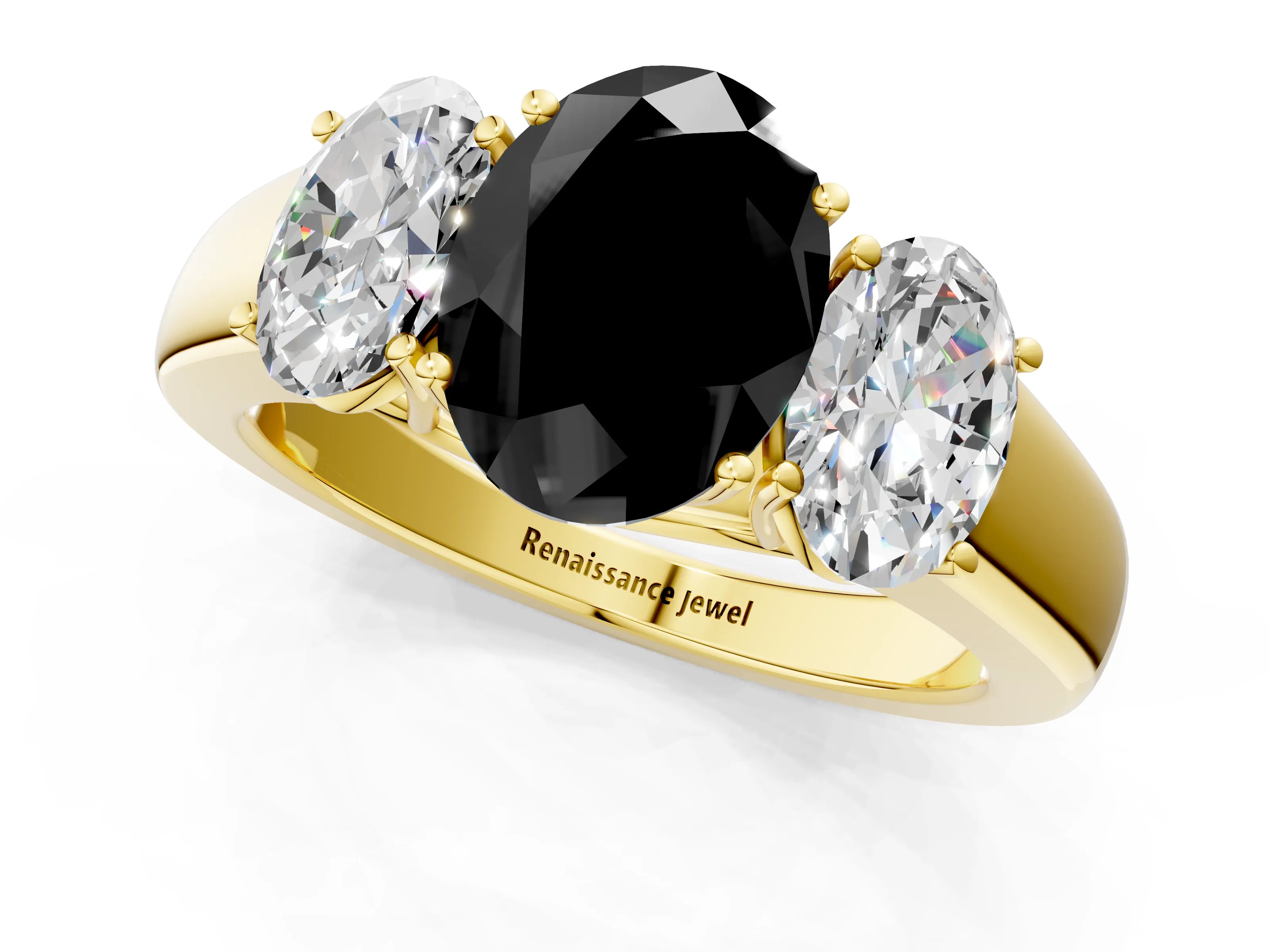Yellow gold Three-Stone Fancy Black Oval Cut Cut Diamond Ring with Prong Setting and Classic Band_1