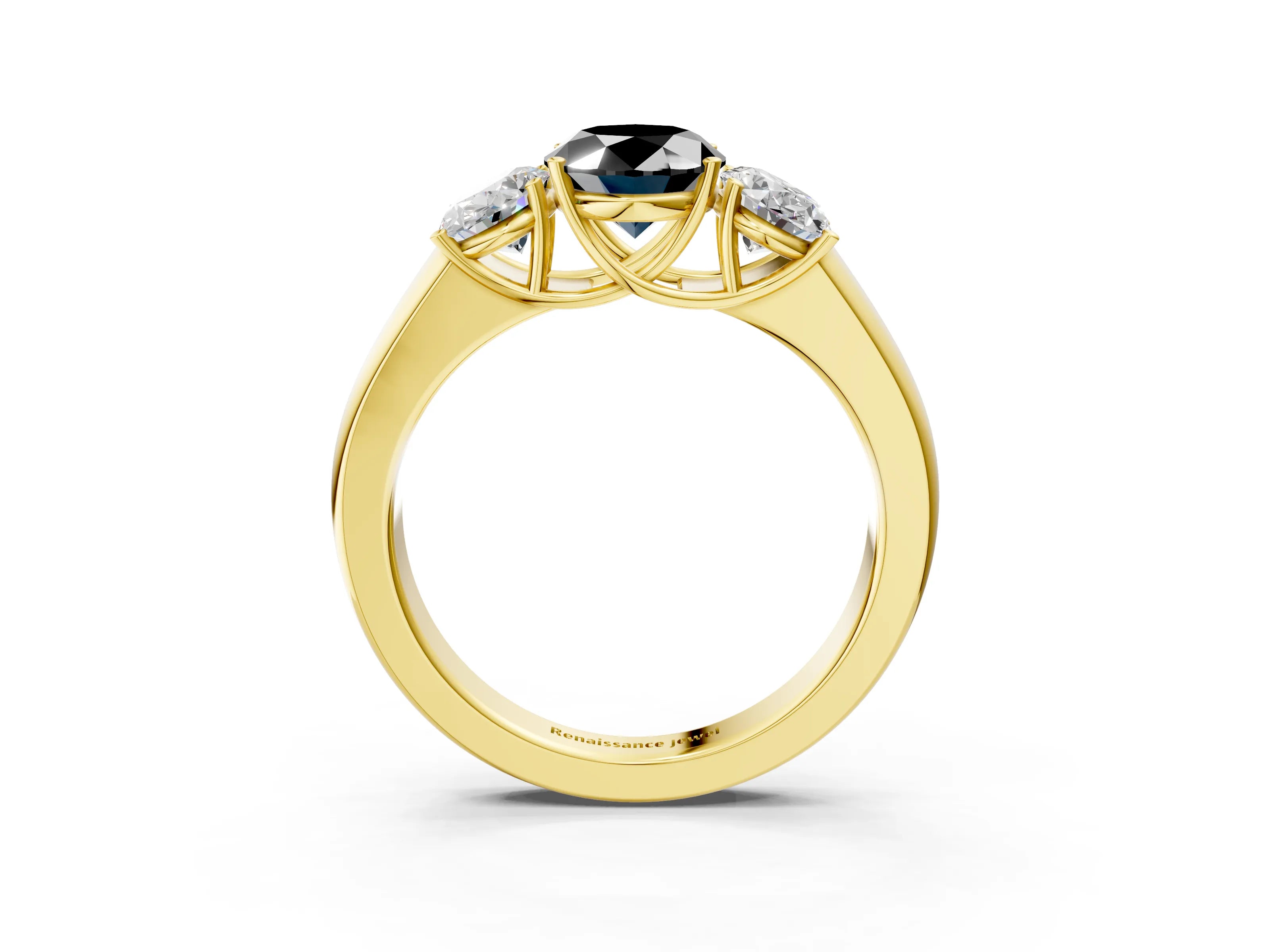 Yellow gold Three-Stone Fancy Black Oval Cut Cut Diamond Ring with Prong Setting and Classic Band_3